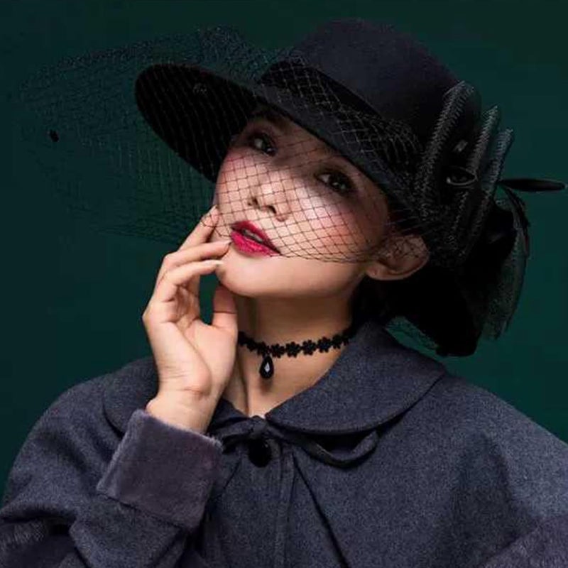 IZUS Women Flower Decor Bowler Fedora Hat with Veil Floppy Brim Felt Church Party Cap Vintage 1920s Elegant Fascinator Hat Small - Image 3